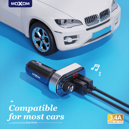 MOXOM MX-VC25 Bluetooth 5.0 FM Transmitter & Dual USB Car Charger – Hands-Free Calls, LCD Display
