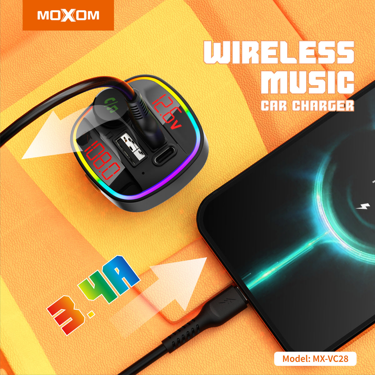 MOXOM MX-VC28 Bluetooth 5.0 FM Transmitter & Triple USB Fast Car Charger – 3.4A, Hands-Free Calls