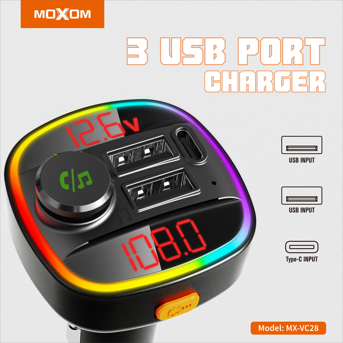 MOXOM MX-VC28 Bluetooth 5.0 FM Transmitter & Triple USB Fast Car Charger – 3.4A, Hands-Free Calls