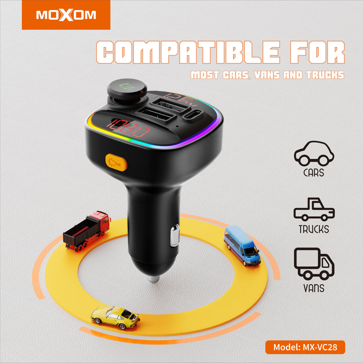 MOXOM MX-VC28 Bluetooth 5.0 FM Transmitter & Triple USB Fast Car Charger – 3.4A, Hands-Free Calls