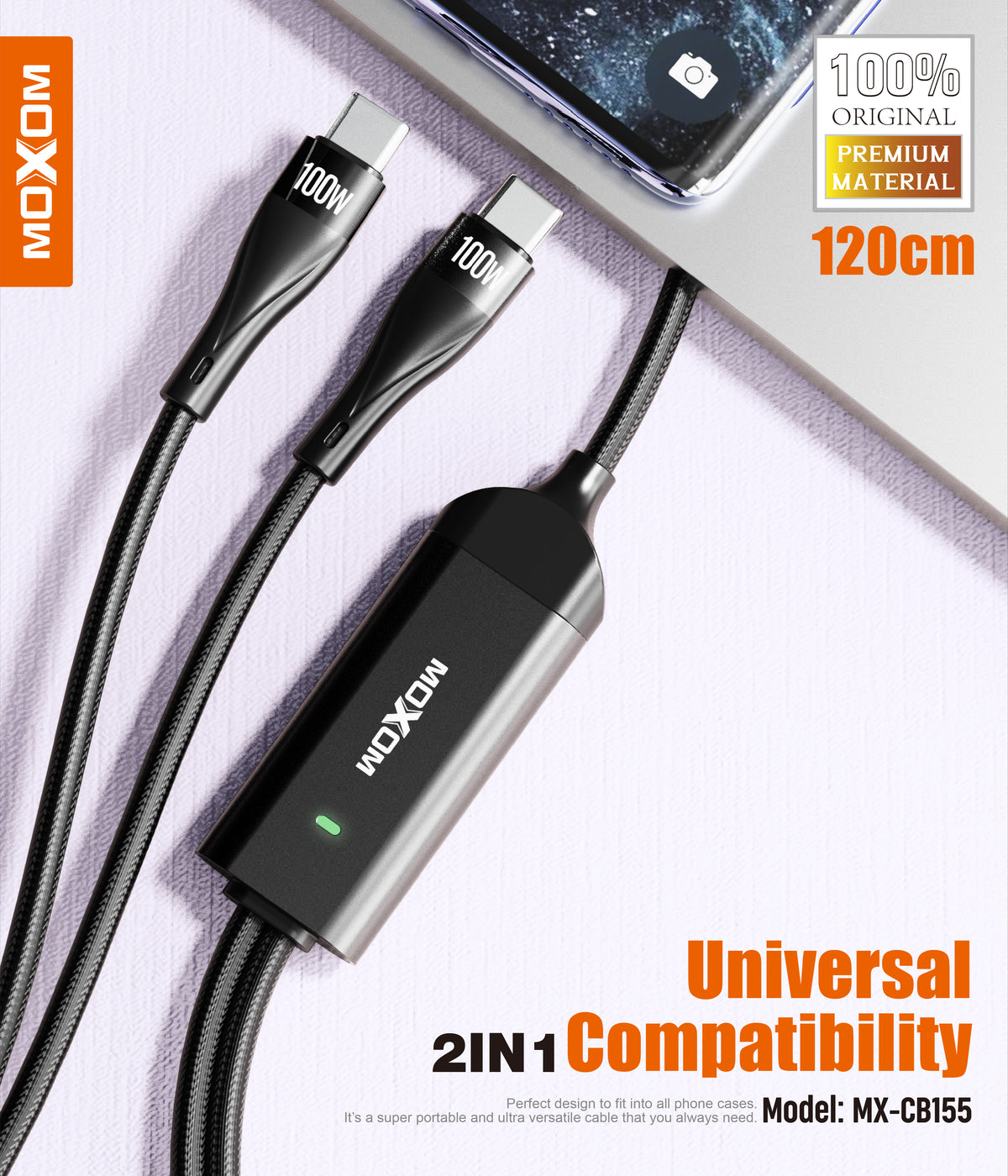 MOXOM MX-CB155 100W USB-C to Dual USB-C Cable – Charge 2 Devices, Laptop Fast Charging, Reinforced