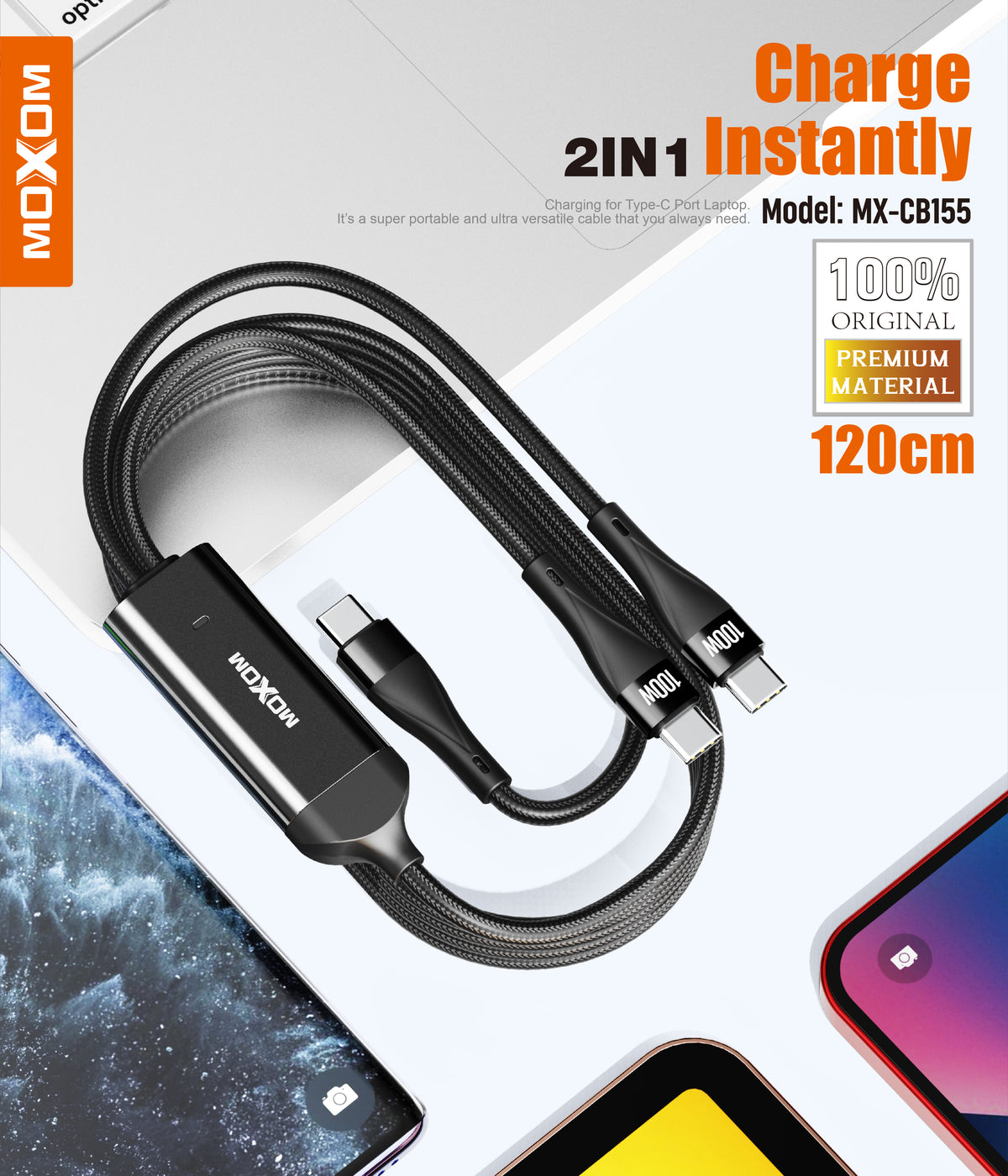 MOXOM MX-CB155 100W USB-C to Dual USB-C Cable – Charge 2 Devices, Laptop Fast Charging, Reinforced