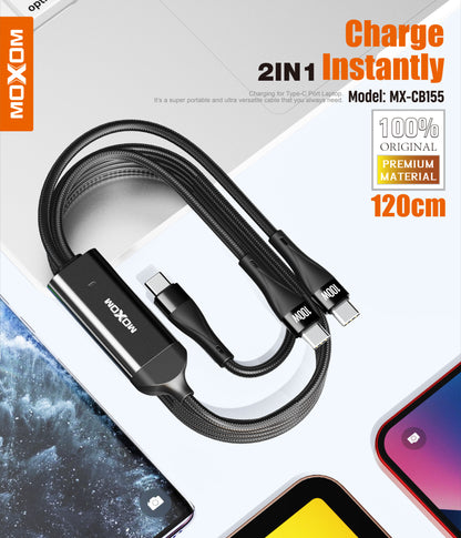 MOXOM MX-CB155 100W USB-C to Dual USB-C Cable – Charge 2 Devices, Laptop Fast Charging, Reinforced