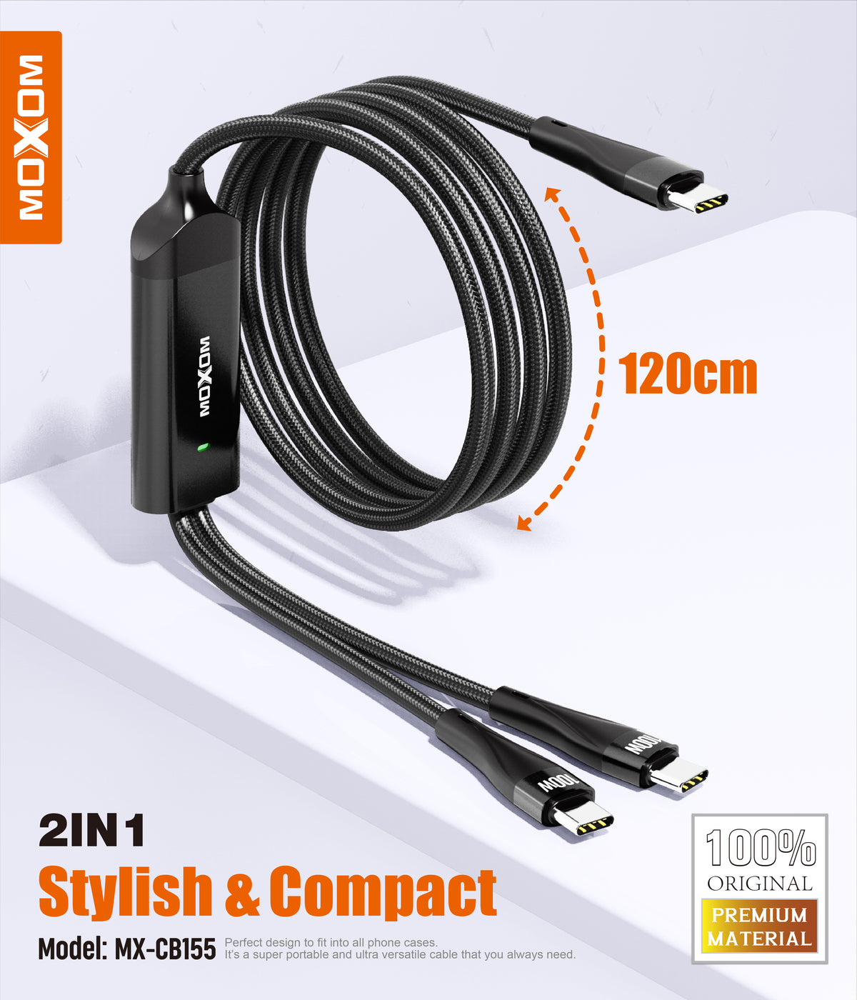 MOXOM MX-CB155 100W USB-C to Dual USB-C Cable – Charge 2 Devices, Laptop Fast Charging, Reinforced