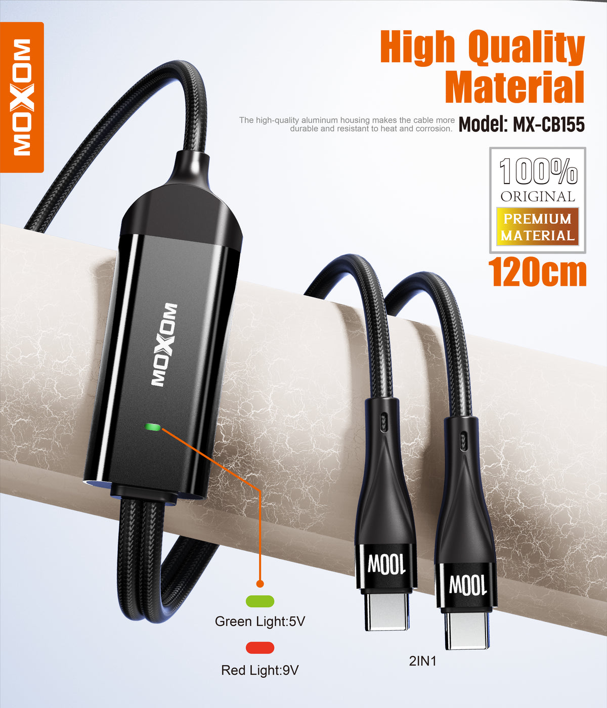 MOXOM MX-CB155 100W USB-C to Dual USB-C Cable – Charge 2 Devices, Laptop Fast Charging, Reinforced