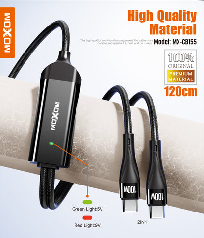 MOXOM MX-CB155 100W USB-C to Dual USB-C Cable – Charge 2 Devices, Laptop Fast Charging, Reinforced