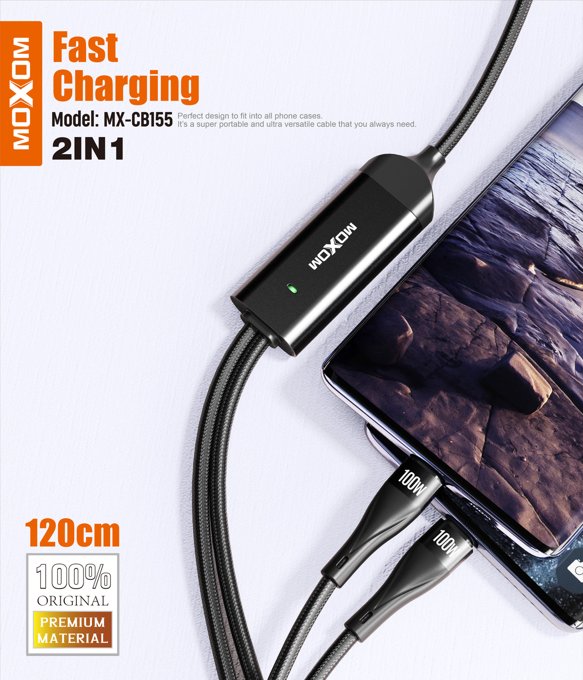 MOXOM MX-CB155 100W USB-C to Dual USB-C Cable – Charge 2 Devices, Laptop Fast Charging, Reinforced