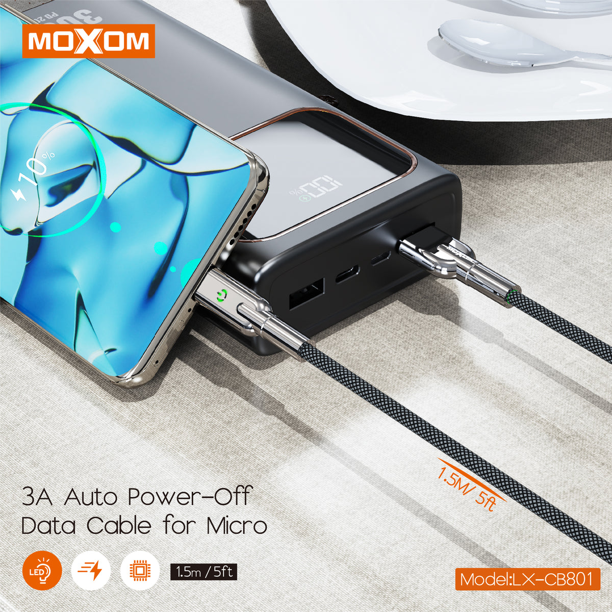 MOXOM LX-CB801 USB-A to Type-C Cable – 3A Fast Charging, Auto Power-Off, Nylon Braided, 1.5m