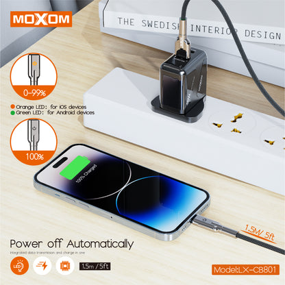 MOXOM LX-CB801 USB-A to Type-C Cable – 3A Fast Charging, Auto Power-Off, Nylon Braided, 1.5m