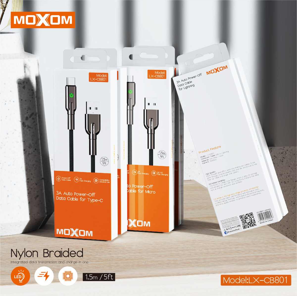 MOXOM LX-CB801 USB-A to Type-C Cable – 3A Fast Charging, Auto Power-Off, Nylon Braided, 1.5m