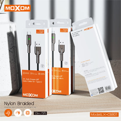 MOXOM LX-CB801 USB-A to Type-C Cable – 3A Fast Charging, Auto Power-Off, Nylon Braided, 1.5m