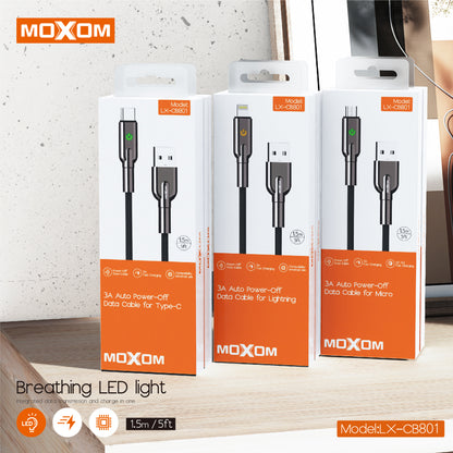 MOXOM LX-CB801 USB-A to Type-C Cable – 3A Fast Charging, Auto Power-Off, Nylon Braided, 1.5m