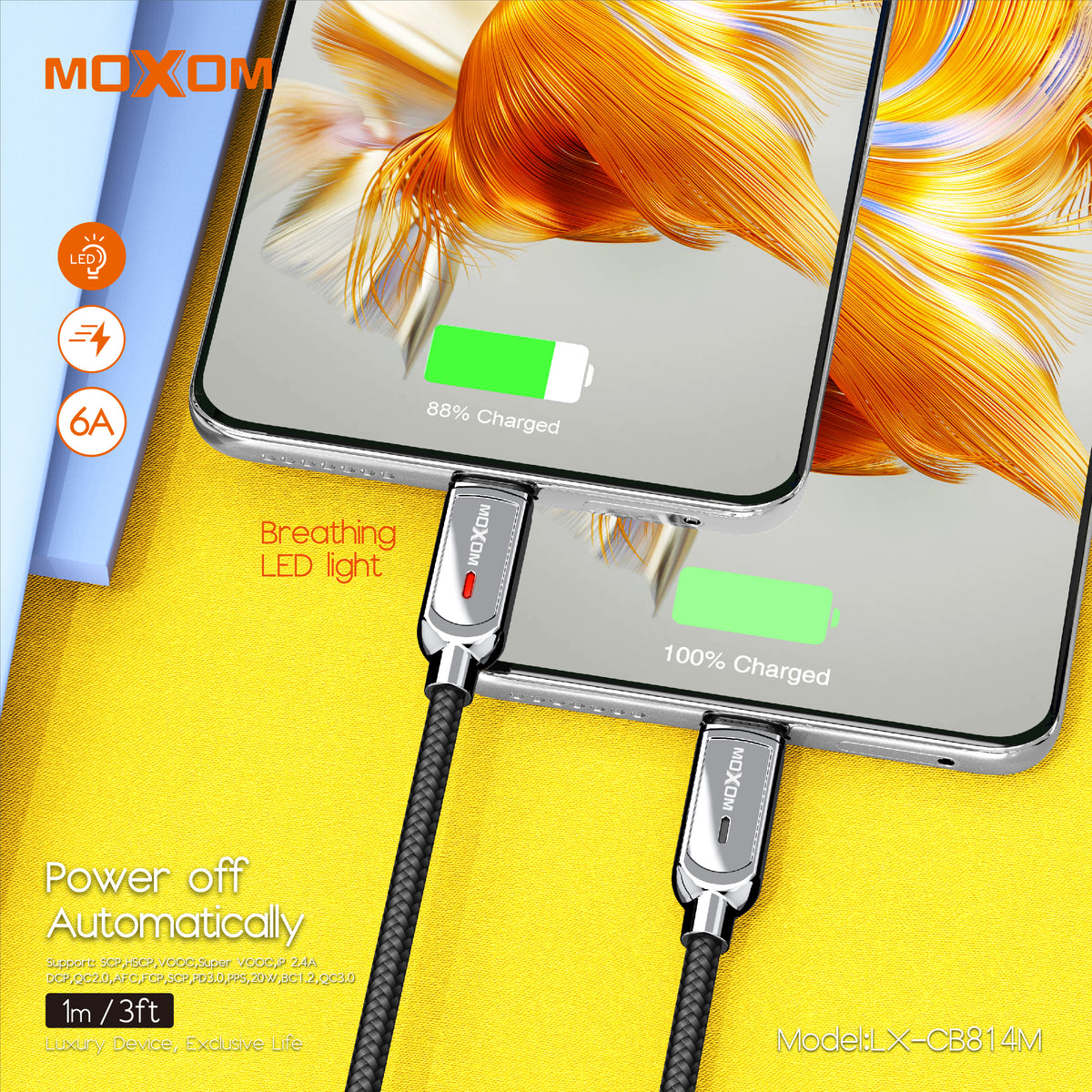 MOXOM LX-CB814M 100W USB-A to Type-C Cable – 6A Fast Charging, Auto Power-Off, Zinc Alloy & Nylon, 1m