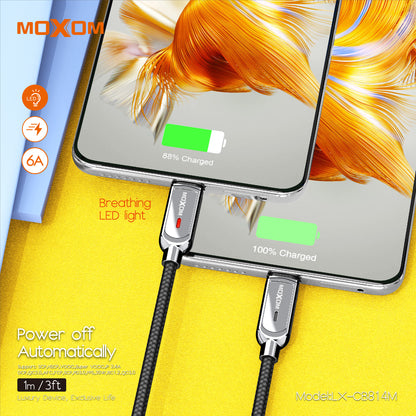MOXOM LX-CB814M 100W USB-A to Type-C Cable – 6A Fast Charging, Auto Power-Off, Zinc Alloy & Nylon, 1m