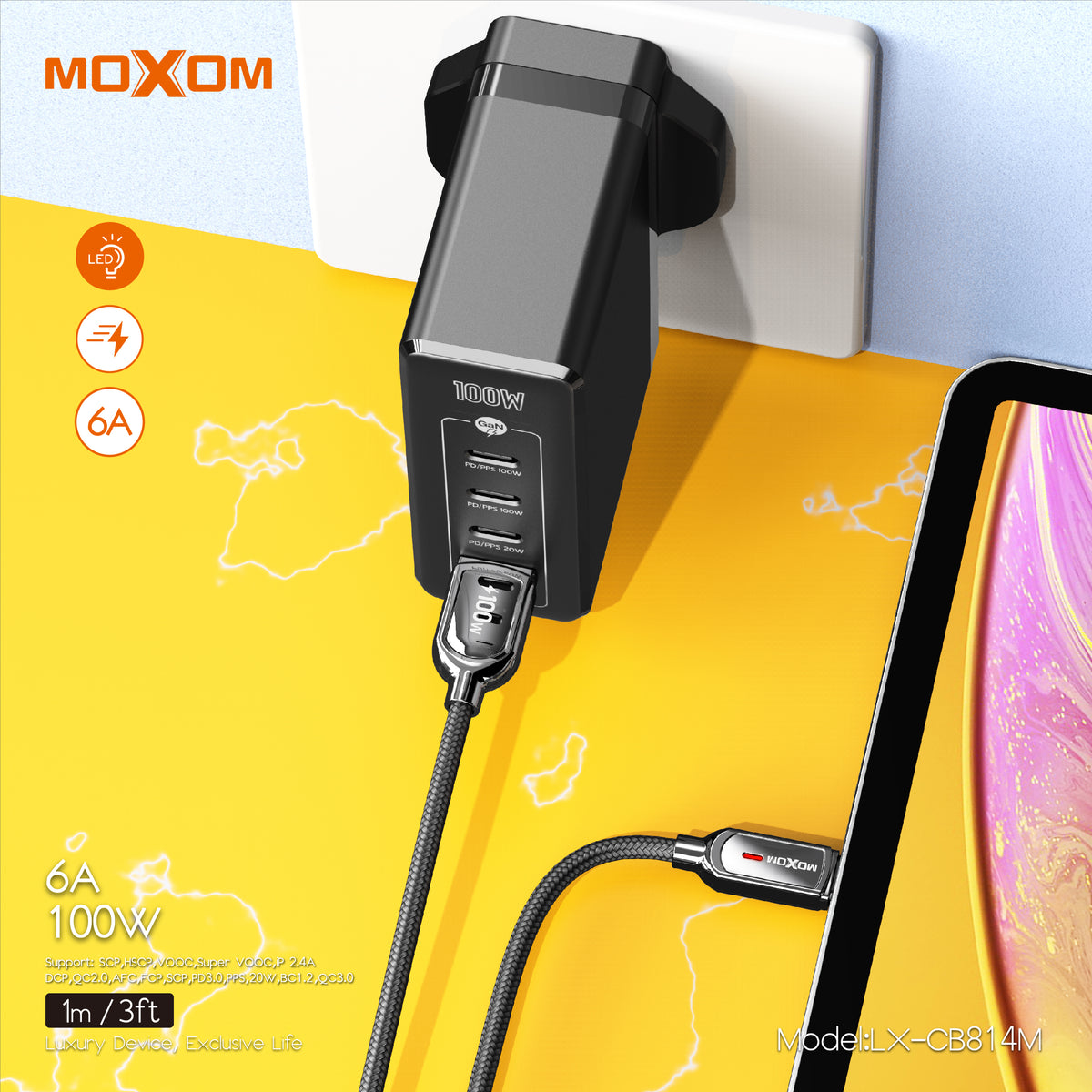 MOXOM LX-CB814M 100W USB-A to Type-C Cable – 6A Fast Charging, Auto Power-Off, Zinc Alloy & Nylon, 1m