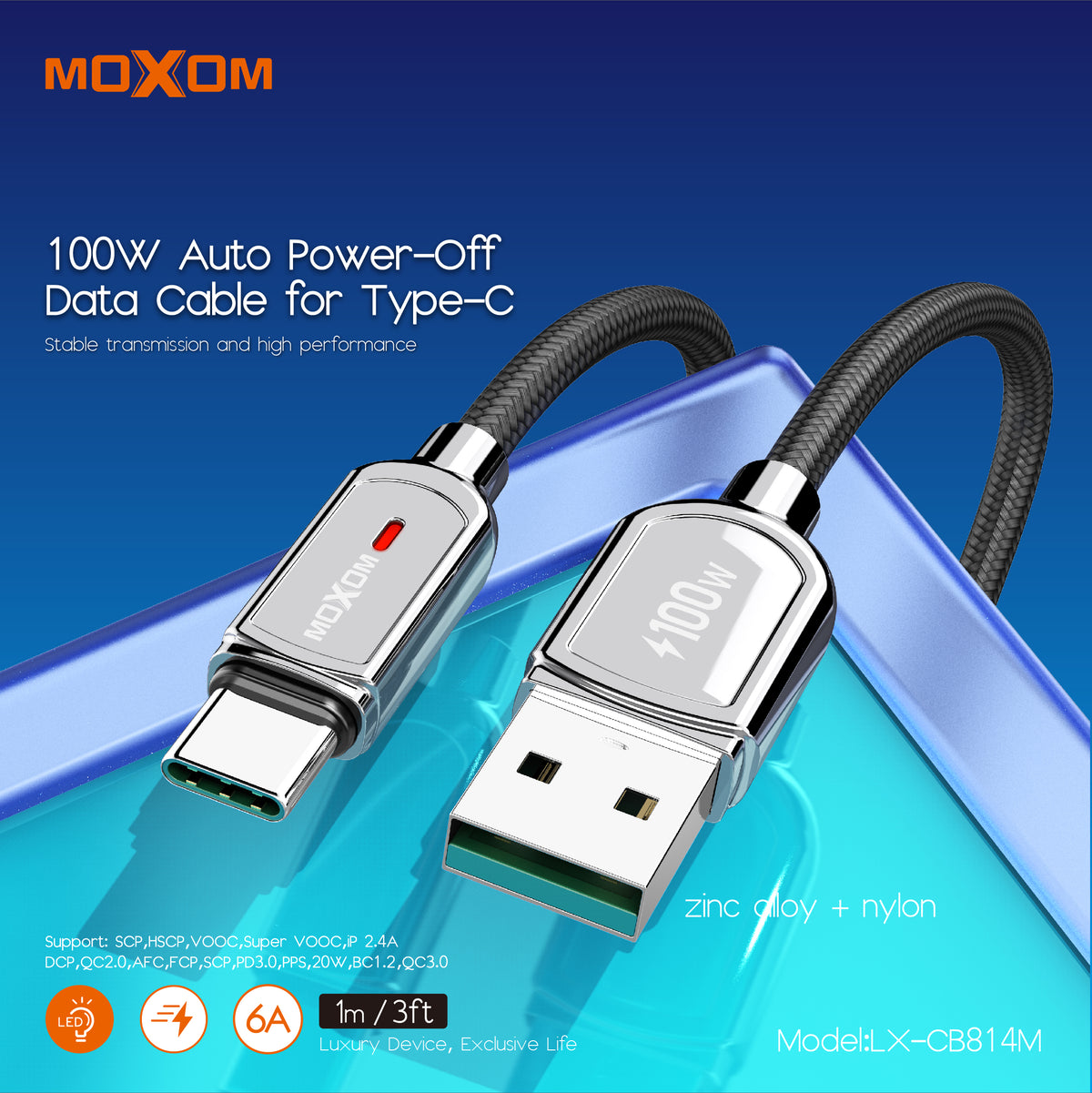 MOXOM LX-CB814M 100W USB-A to Type-C Cable – 6A Fast Charging, Auto Power-Off, Zinc Alloy & Nylon, 1m