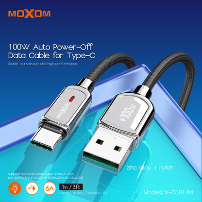 MOXOM LX-CB814M 100W USB-A to Type-C Cable – 6A Fast Charging, Auto Power-Off, Zinc Alloy & Nylon, 1m