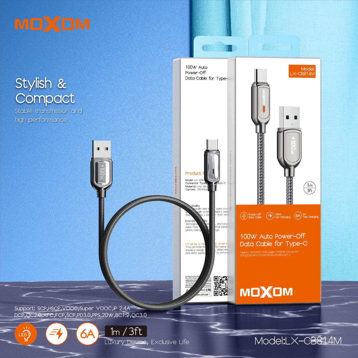 MOXOM LX-CB814M 100W USB-A to Type-C Cable – 6A Fast Charging, Auto Power-Off, Zinc Alloy & Nylon, 1m