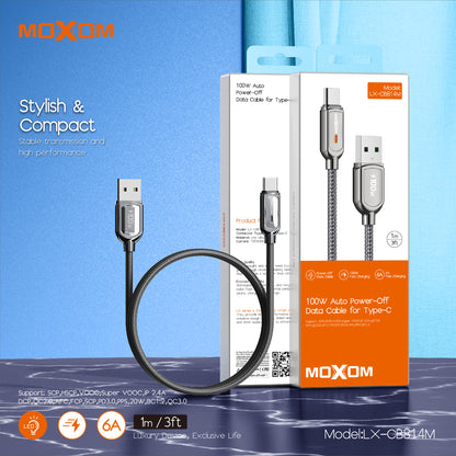 MOXOM LX-CB814M 100W USB-A to Type-C Cable – 6A Fast Charging, Auto Power-Off, Zinc Alloy & Nylon, 1m