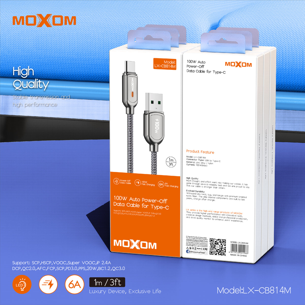 MOXOM LX-CB814M 100W USB-A to Type-C Cable – 6A Fast Charging, Auto Power-Off, Zinc Alloy & Nylon, 1m