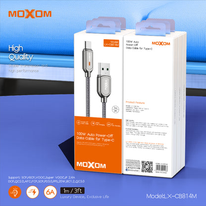 MOXOM LX-CB814M 100W USB-A to Type-C Cable – 6A Fast Charging, Auto Power-Off, Zinc Alloy & Nylon, 1m