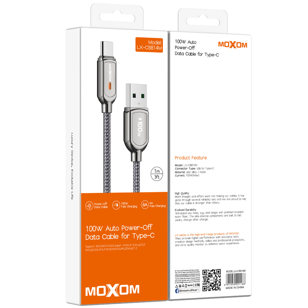 MOXOM LX-CB814M 100W USB-A to Type-C Cable – 6A Fast Charging, Auto Power-Off, Zinc Alloy & Nylon, 1m