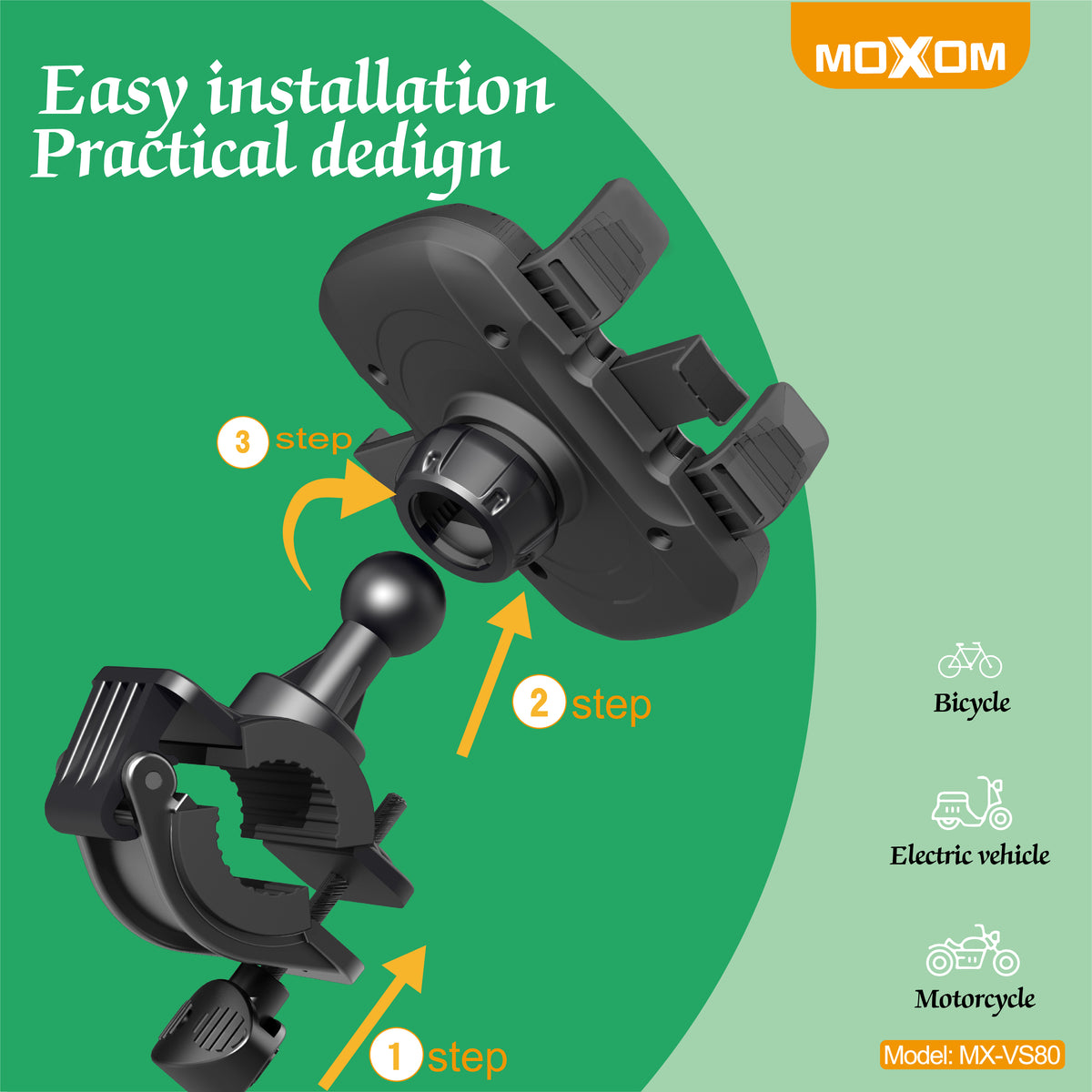 MOXOM MX-VS80 Motorcycle & Bicycle Phone Holder – 360° Rotation, Vibration-Resistant Clamp