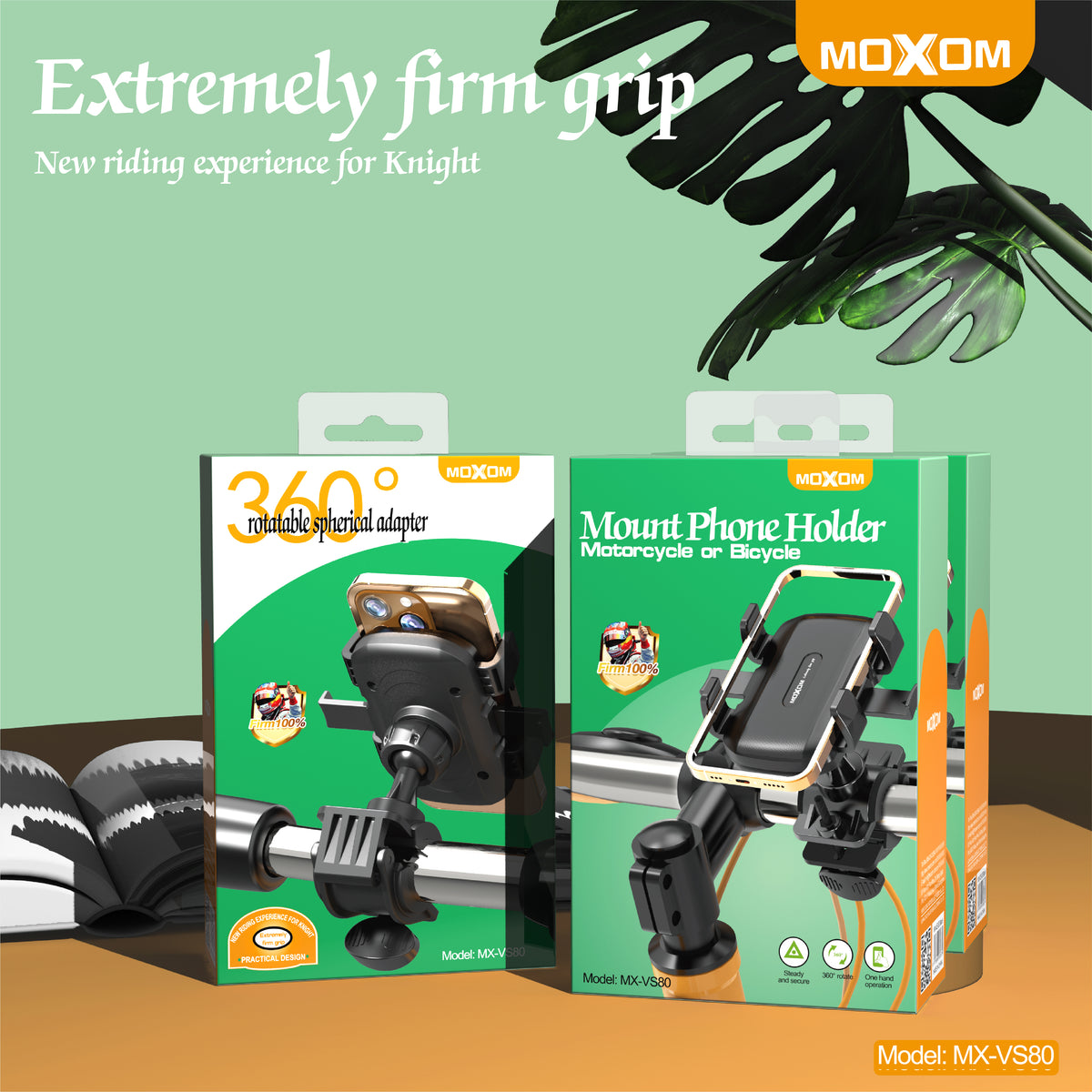 MOXOM MX-VS80 Motorcycle & Bicycle Phone Holder – 360° Rotation, Vibration-Resistant Clamp