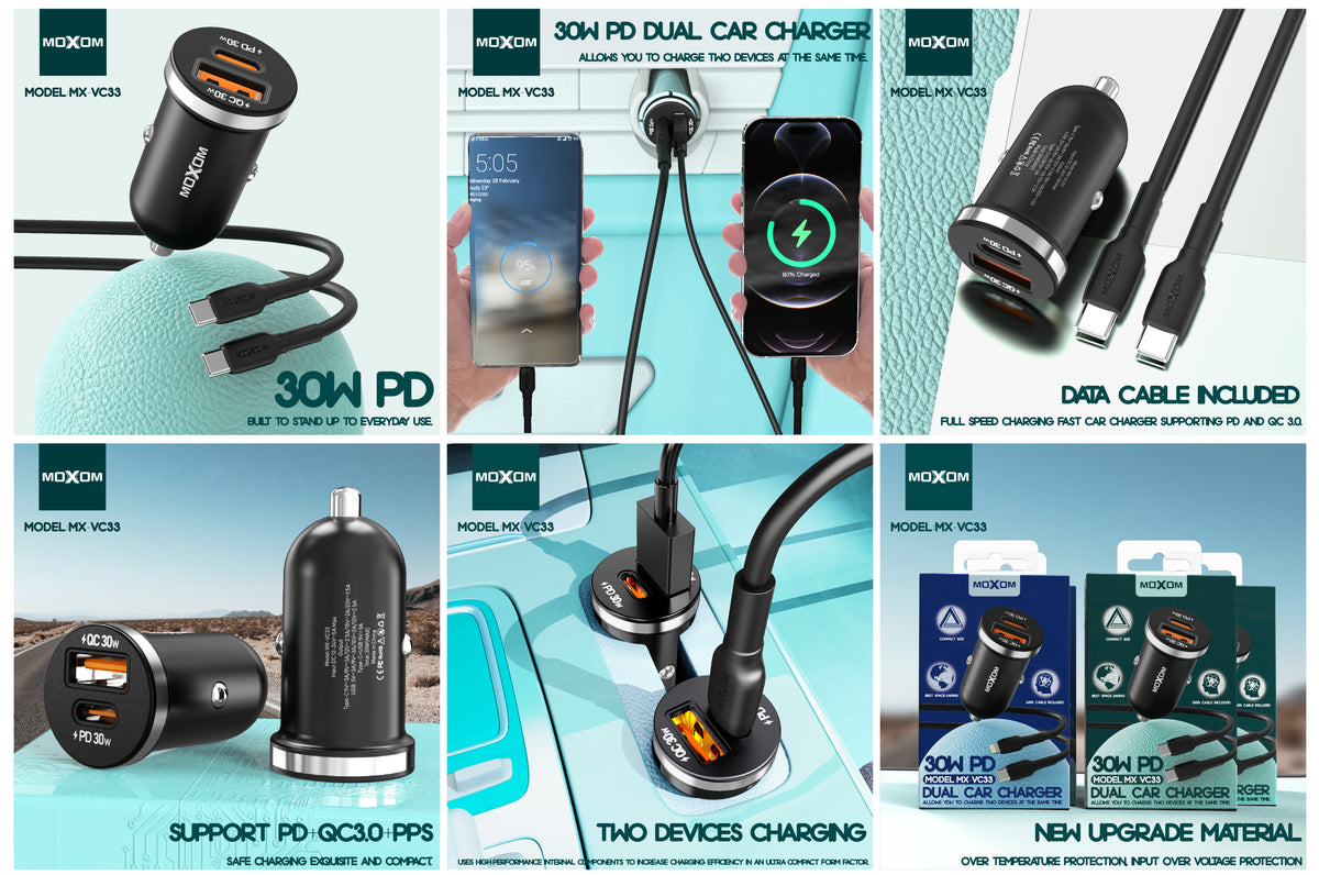 MOXOM MX-VC33 30W PD Car Charger with Cable – USB-C + USB-A, Aluminium Alloy, Mini Size