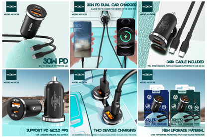 MOXOM MX-VC33 30W PD Car Charger with Cable – USB-C + USB-A, Aluminium Alloy, Mini Size