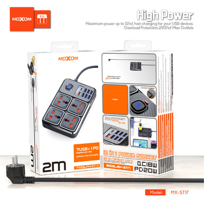 MOXOM MX-ST17 12-in-1 Power Strip – 4 AC Sockets + 7 USB + 20W PD USB-C, Surge Protected, 2m Cord