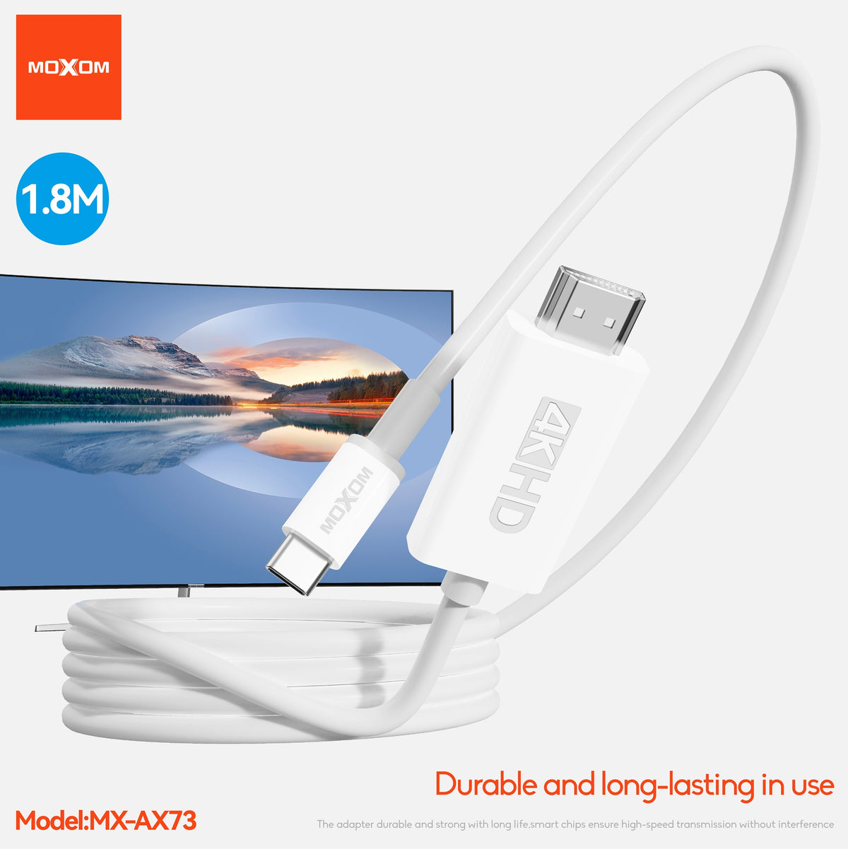 MOXOM MX-AX73 USB-C to HDMI Cable 4K – Connect Laptop or Phone to TV & Monitor, 1.8m
