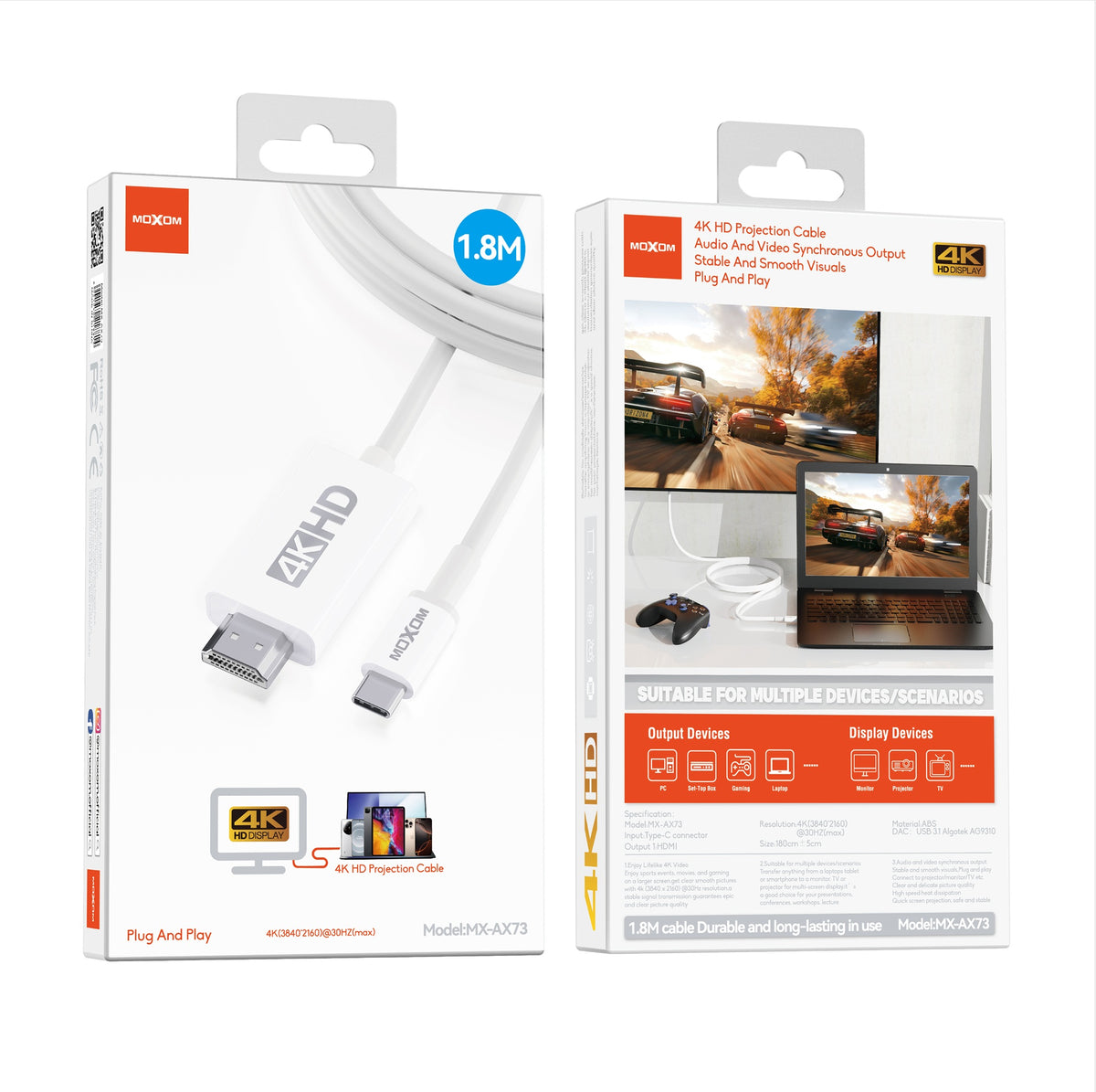 MOXOM MX-AX73 USB-C to HDMI Cable 4K – Connect Laptop or Phone to TV & Monitor, 1.8m