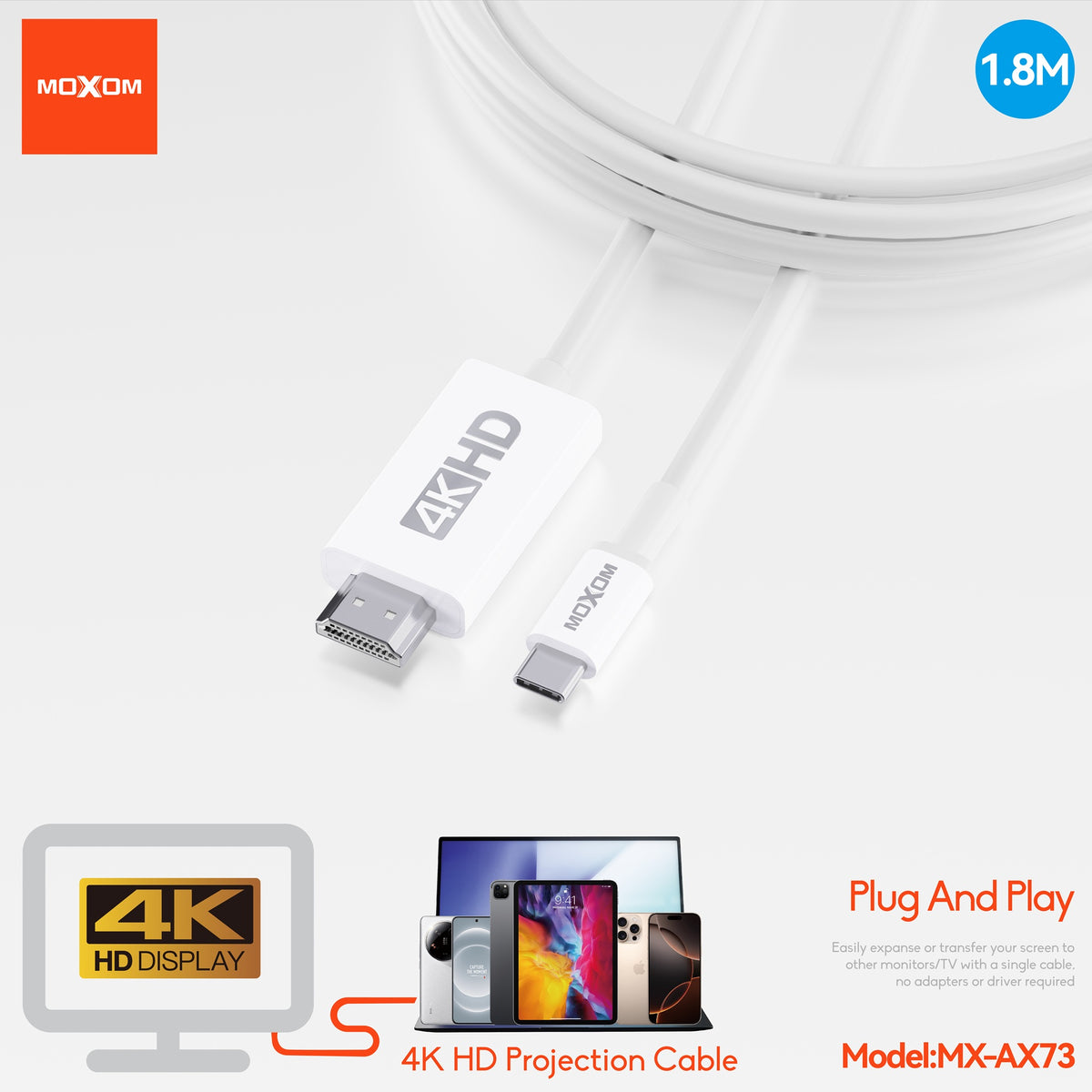MOXOM MX-AX73 USB-C to HDMI Cable 4K – Connect Laptop or Phone to TV & Monitor, 1.8m