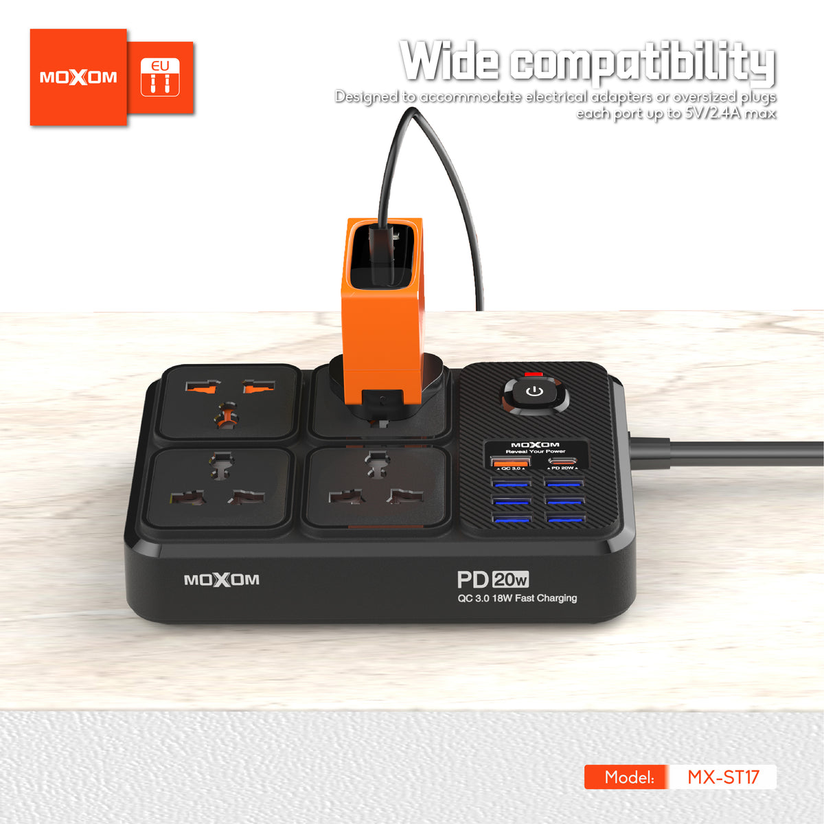 MOXOM MX-ST17 12-in-1 Power Strip – 4 AC Sockets + 7 USB + 20W PD USB-C, Surge Protected, 2m Cord