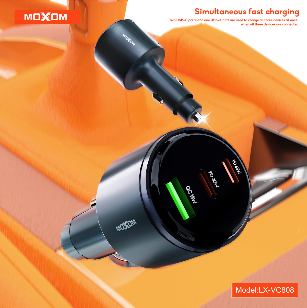 MOXOM LX-VC808 95W 3-Port Car Charger – 65W USB-C Laptop PD/PPS + 30W USB-C + 18W QC USB-A