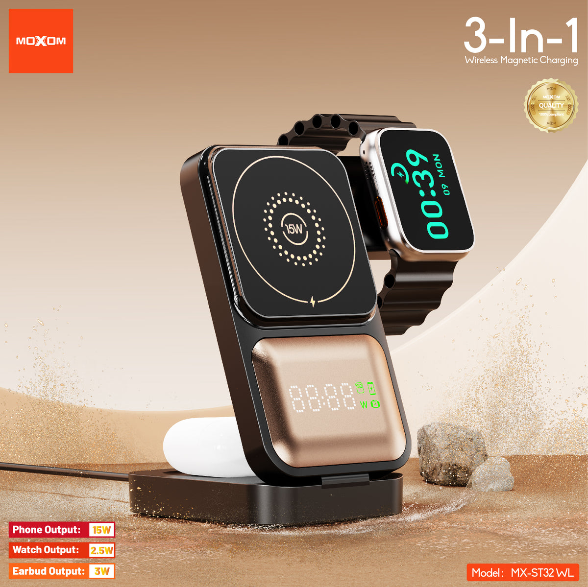 MOXOM MX-ST32 3-in-1 Foldable Magnetic Wireless Charger – Phone, Earbuds & Watch, Packs Flat for Travel