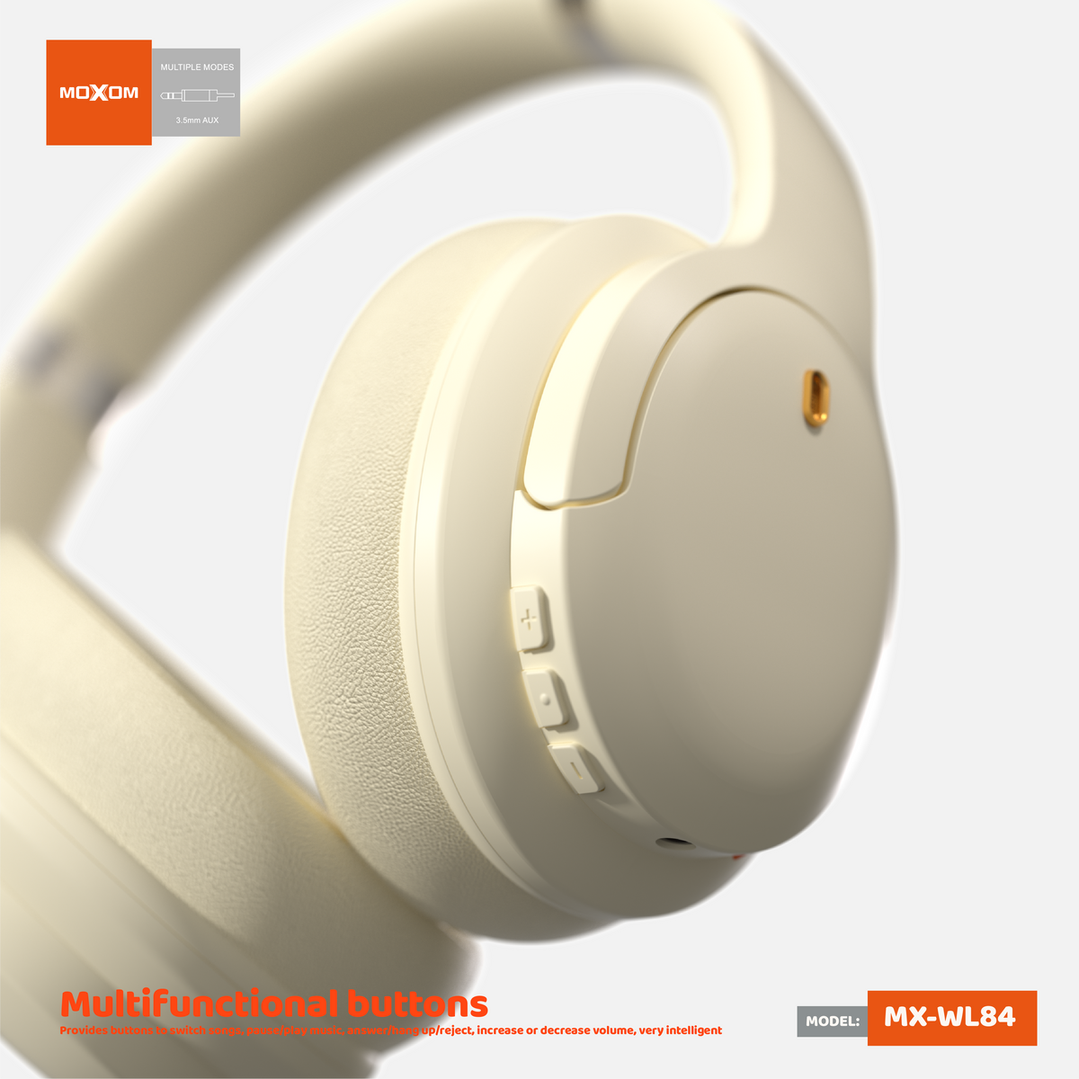 MOXOM MX-WL84 Wireless Headphones – Hi-Fi Sound, 26H Battery, Padded Comfort, Beige
