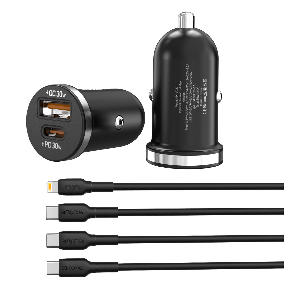 MOXOM MX-VC33 30W PD Car Charger with Cable – USB-C + USB-A, Aluminium Alloy, Mini Size