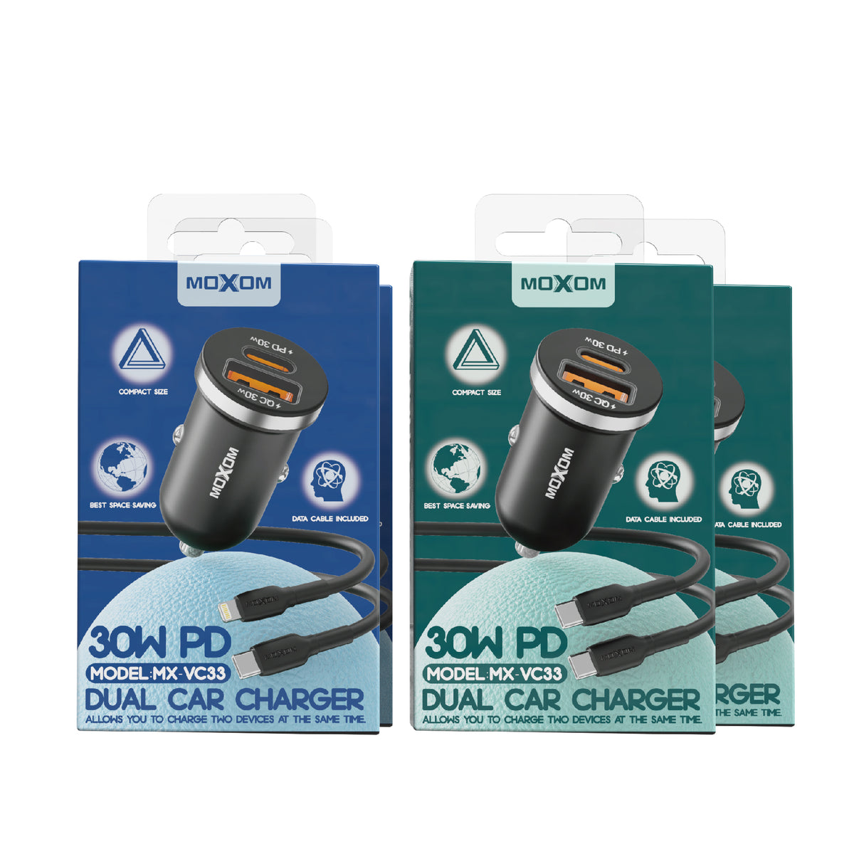 MOXOM MX-VC33 30W PD Car Charger with Cable – USB-C + USB-A, Aluminium Alloy, Mini Size
