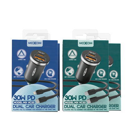 MOXOM MX-VC33 30W PD Car Charger with Cable – USB-C + USB-A, Aluminium Alloy, Mini Size