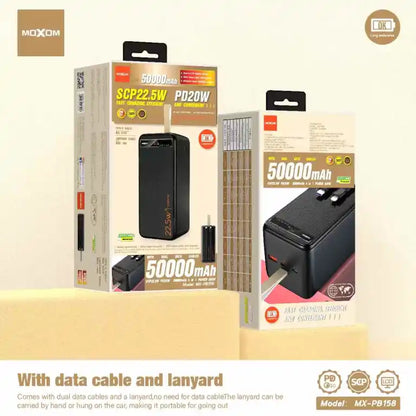 MOXOM MX-PB158 50000mAh 4-in-1 Power Bank – SCP 22.5W + PD 20W, Built-In Dual Cable