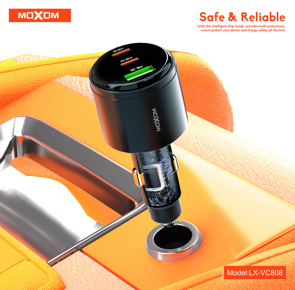 MOXOM LX-VC808 95W 3-Port Car Charger – 65W USB-C Laptop PD/PPS + 30W USB-C + 18W QC USB-A