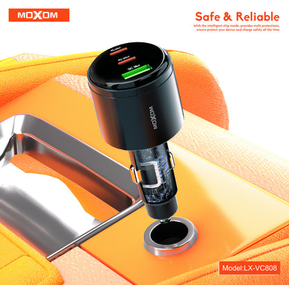 MOXOM LX-VC808 95W 3-Port Car Charger – 65W USB-C Laptop PD/PPS + 30W USB-C + 18W QC USB-A