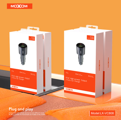 MOXOM LX-VC808 95W 3-Port Car Charger – 65W USB-C Laptop PD/PPS + 30W USB-C + 18W QC USB-A