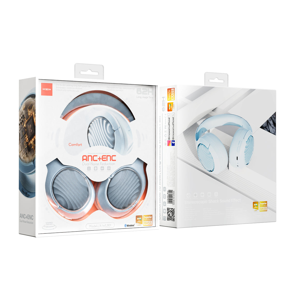 MOXOM LX-WL801 ANC Over-Ear Headphones – Active Noise Cancellation + ENC Calls, Bluetooth 5.4, Black/Beige/Blue