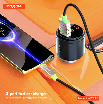 MOXOM LX-VC808 95W 3-Port Car Charger – 65W USB-C Laptop PD/PPS + 30W USB-C + 18W QC USB-A