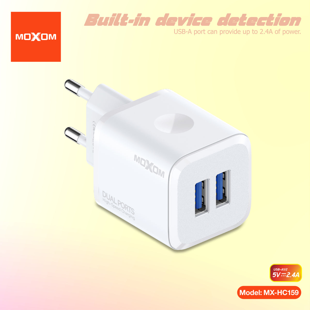 MOXOM MX-HC159 Dual USB Wall Charger – 2.4A, Charge Two Devices at Once, Compact