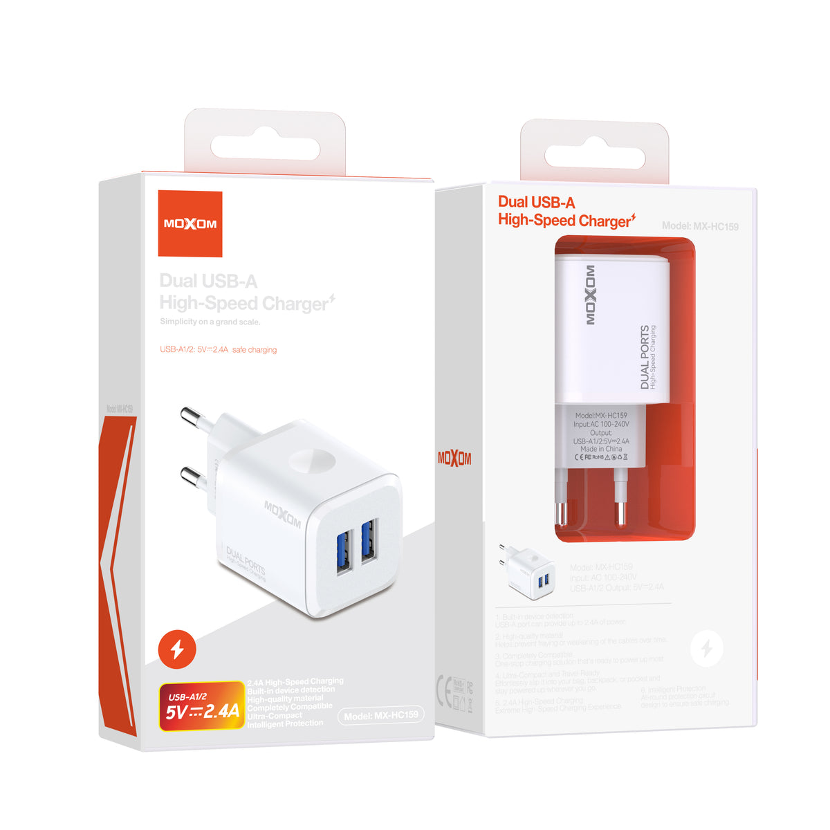 MOXOM MX-HC159 Dual USB Wall Charger – 2.4A, Charge Two Devices at Once, Compact