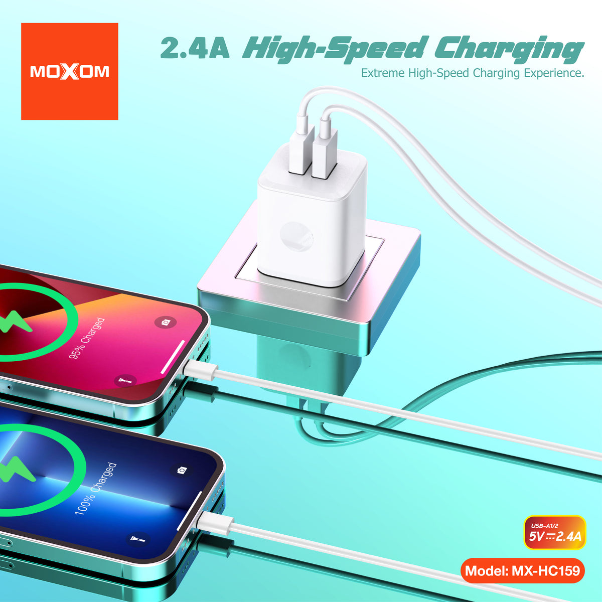 MOXOM MX-HC159 Dual USB Wall Charger – 2.4A, Charge Two Devices at Once, Compact